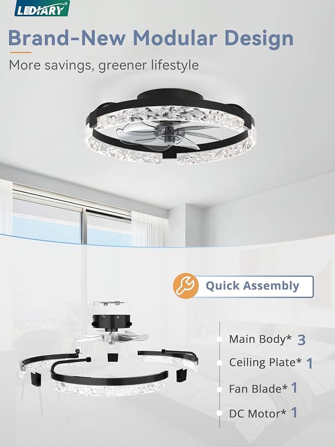 LEDIARY 20 Inch Low Profile Ceiling Fans with Lights and Remote, Fandelier Ceiling Fan Flush Mount, 3000K-6000K Dimmable LED Fan Light, Black Modern Ceiling Fans with Lights for Bedroom