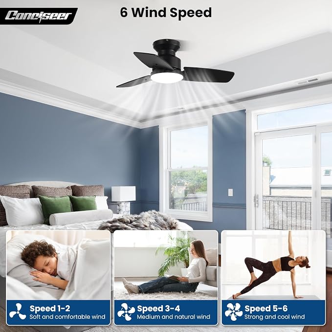 30 Inch Ceiling Fans with Lights and Remote, Bedroom Living Room Office, Flush Mount, 6CCT Dimmable, Dual Color 3 Blades 6 Speed Reversible Quiet DC Motor, Black/Wood Grain