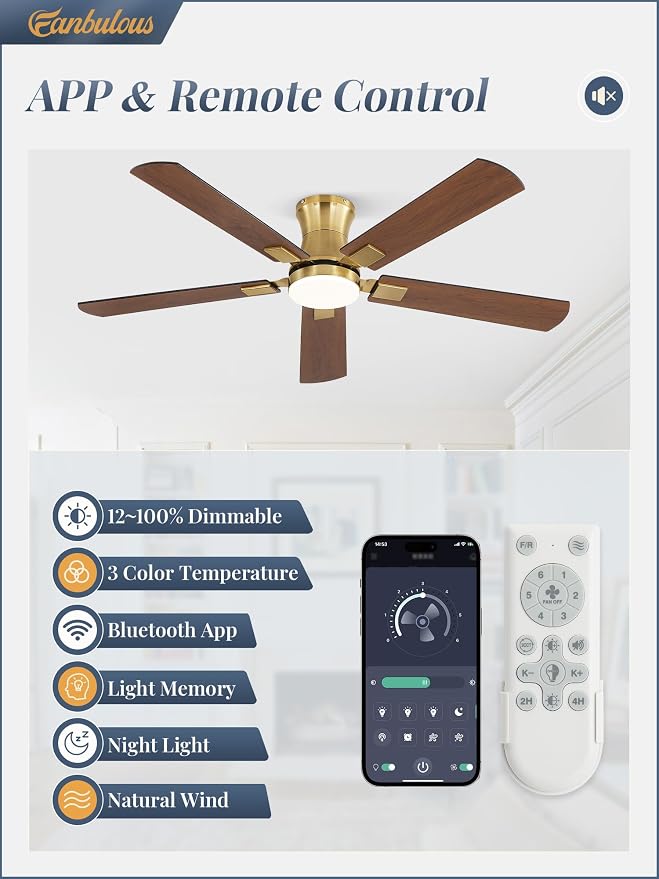 Fanbulous 52 inch ceiling fan with light, Low Profile Ceiling Fan with Light, App&Remote Control, Dimmable LED Light, Flush Mount Ceiling Fan for Indoor Bedroom Living Room, Qiuet DC Motor