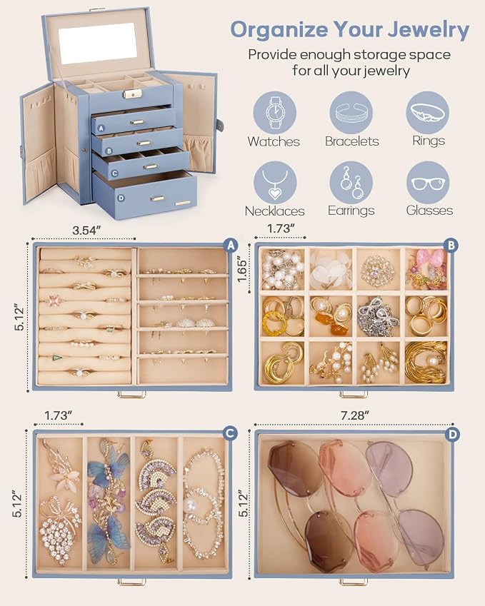 Homde Synthetic Leather Huge Jewelry Box Mirrored Watch Organizer Necklace Ring Earring Storage Lockable Gift Case (Grey Blue + Gold)