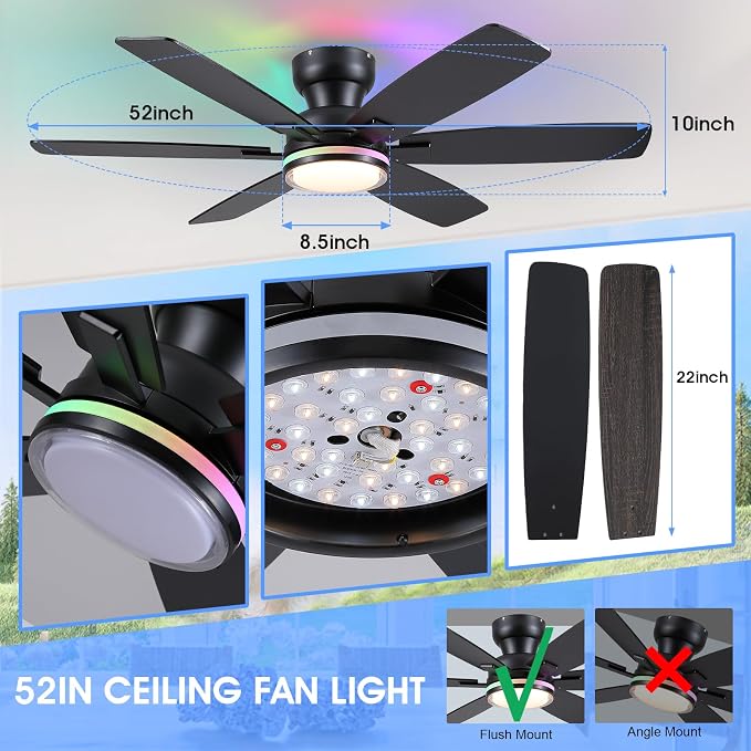 Kviflon 52" Ceiling Fans with RGB Lights, Low Profile Ceiling Fan with Remote/APP Control, Flush Mount, Double-Sided 6 Reversible Blades, RGB+3CCT Dimmable Lights, Double Lampshade for Bedroom, Black
