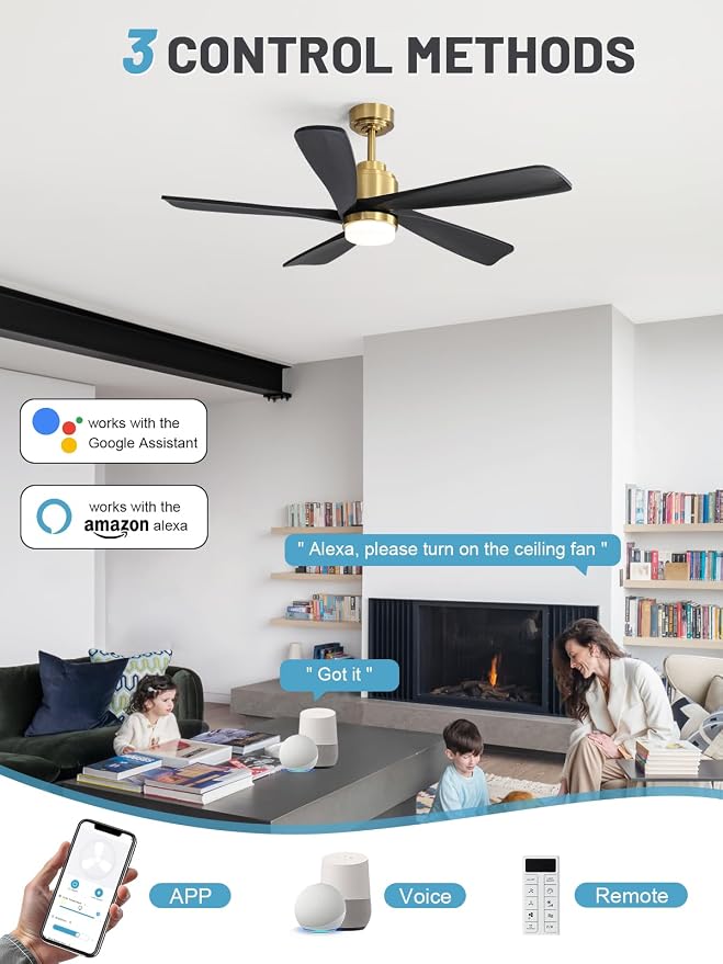 Sofucor Ceiling Fan with Lights and Remote, 52 Inch Modern Wood Ceiling Fan for Indoor Farmhouse Bedroom Living Room Outdoor Patio Porch (Gold+Black, 52 inch)