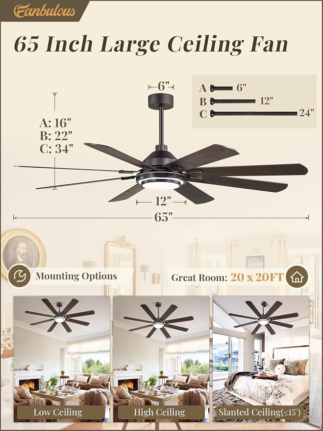 Fanbulous 65 Inch Ceiling Fans with Lights and Remote, Oil Bronze Ceiling Fan with 8 Dual-Color Blades, Indoor Large Ceiling Fans, Reversible DC Motor, 6-Speed, 3CCT for Living Porch Patio
