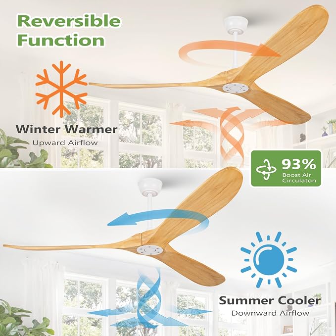 72 Inch Natural Wood Large Ceiling Fans Without Lights,Propeller Outdoor Ceiling Fans Without Lights with Wall Switch and Remote Control,Quiet DC Motor,3 Blades Ceiling Fan for Patios