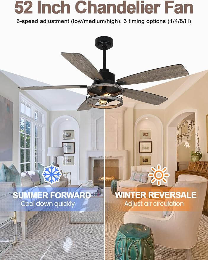 52 Inch Farmhouse Ceiling Fan with Light and Remote Rustic Ceiling Fan Quiet and Reversible DC Motor Industrial Drum Chandelier Fan for Living Room Bedroom Patio