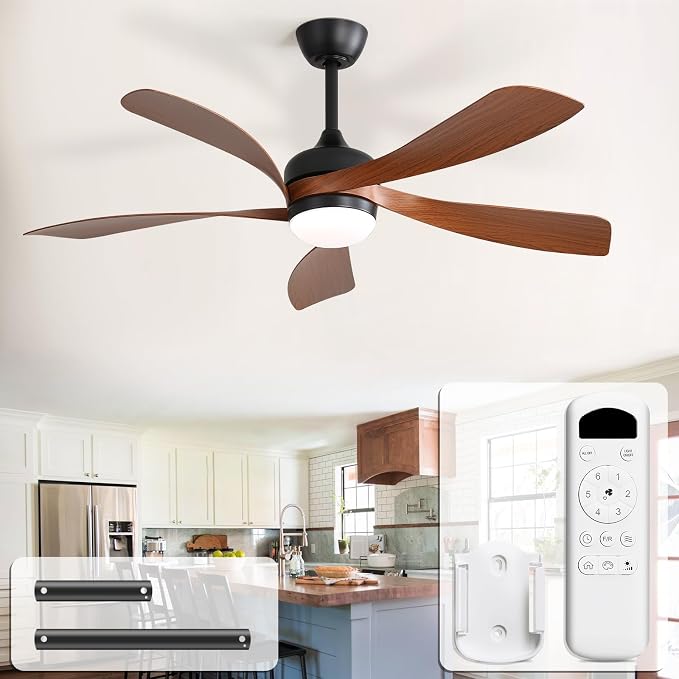 CACI Mall 52 Inch Ceiling Fans with Lights and Remote, modern, Outdoor ceiling fan with 6-Speed, 5 Blades, 2 Downrods, 3 CCT, Timer, Quiet Reversible DC Motor for Living Room, Bedroom, Patios