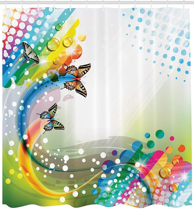 Ambesonne Colorful Shower Curtain, Trippy Flying Butterflies with Colored Comet Bubbles Creative Design, Cloth Fabric Bathroom Decor Set with Hooks, 69" W x 70" L, Multicolor Off White