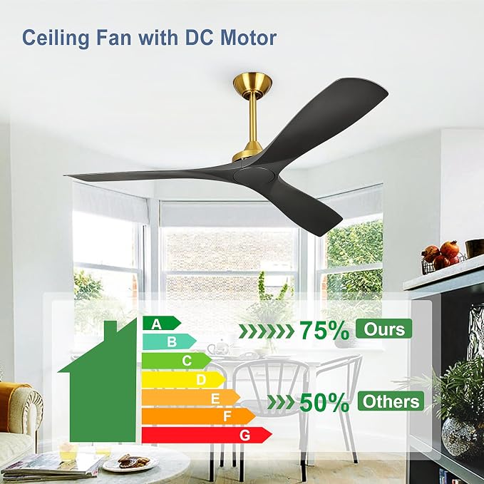 Modern Ceiling Fan with Remote: Black and Gold Ceiling Fans 3 Blades - 60 Inch Ceiling Fan No Light for Covered Outdoor Living Room Bedroom