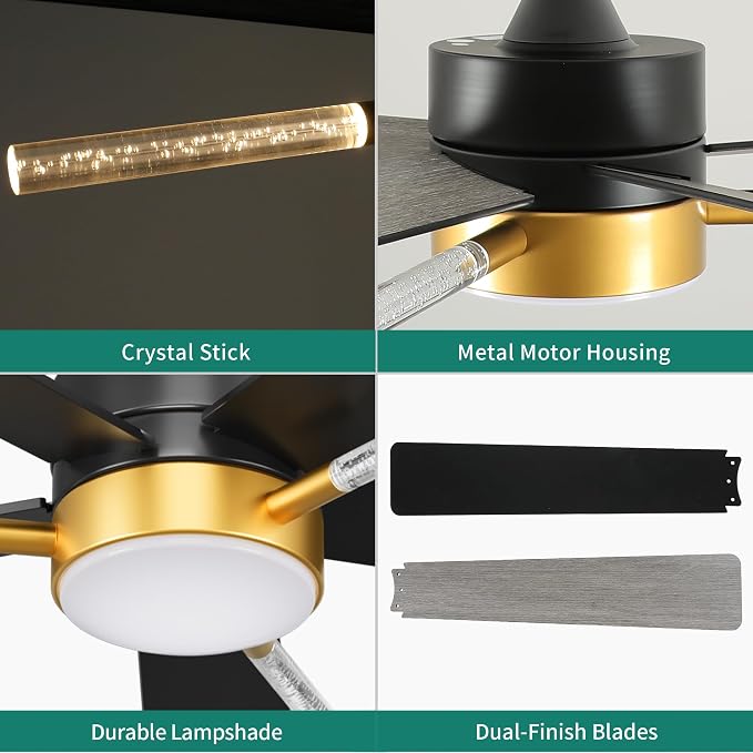 YITAHOME 42 Inch Ceiling Fans with Lights and Remote, 5 Blades with Crystal Rod Design, Modern Black Gold Ceiling Fan with Reversible Quiet Motor, 3 Colors Stepless Dimming for Home, Black Gold | 5 Blades with Crystal Rod Design, Modern, Reversible Qui...