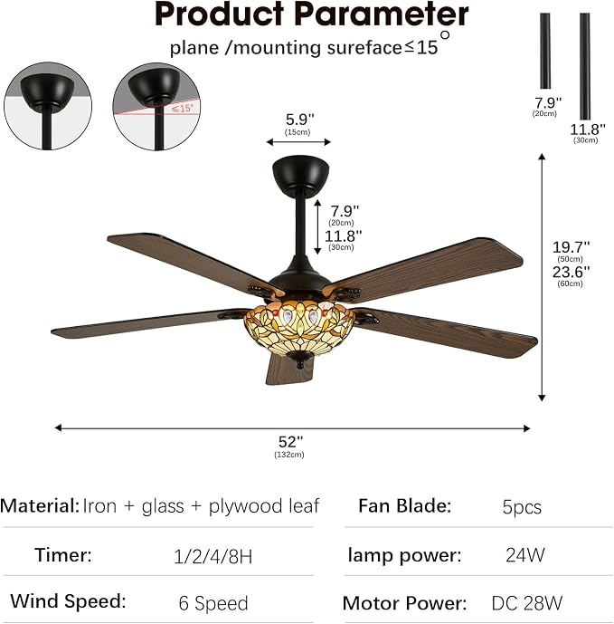 52" Tiffany Style Ceiling Fans with Lights, Vintage Chandelier Ceiling Fan with Stained Glass Shade, Dimmable LED, 6 Speeds Reversible for Bedroom (Gem Art)
