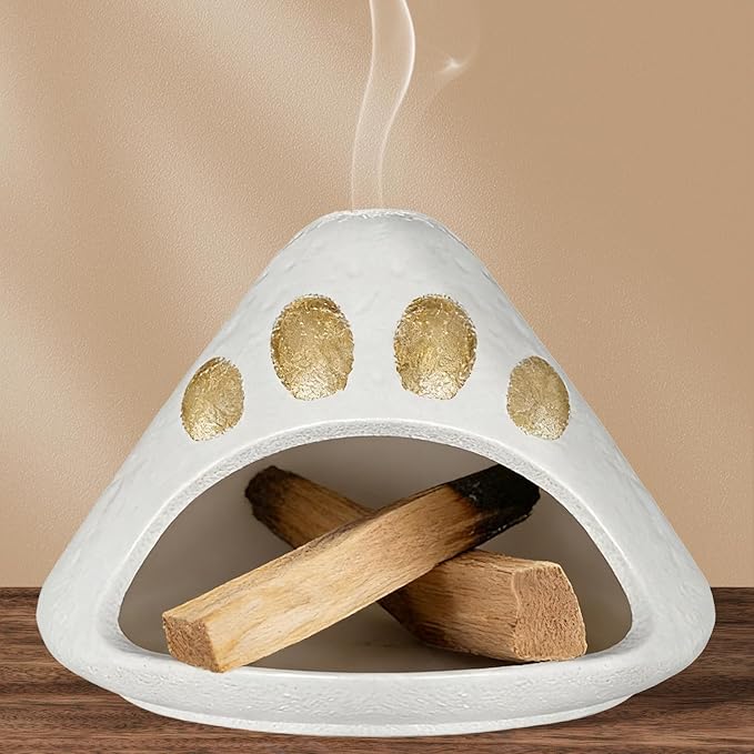 Palo Santo Holder, Palo Santo Burner for Cedar, Sage Burning, Mountain Modeling Smudge Bowl Fireplace Chimney Smudge Bowl for Yoga, Meditation and Energy Cleansing Aromatic Home(White Gold)