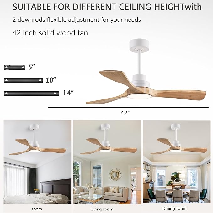 42-inch Quiet 3-Blade Solid Wood Ceiling Fan with Light and Remote Control | 3CCT dimming and color temperature adjustment, mobile app, full memory function, for use in the living room and bedroom