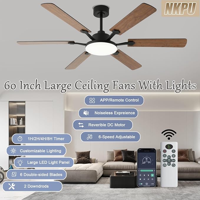 60 Inch Ceiling Fans with Lights, Large Modern Brown Ceiling Fan with Light and Remote Control, 6 Double Sided Blades, 6 Speed Reversible Motor, Dimmable LED, Silent Timing, Indoor Outdoor Patio Use