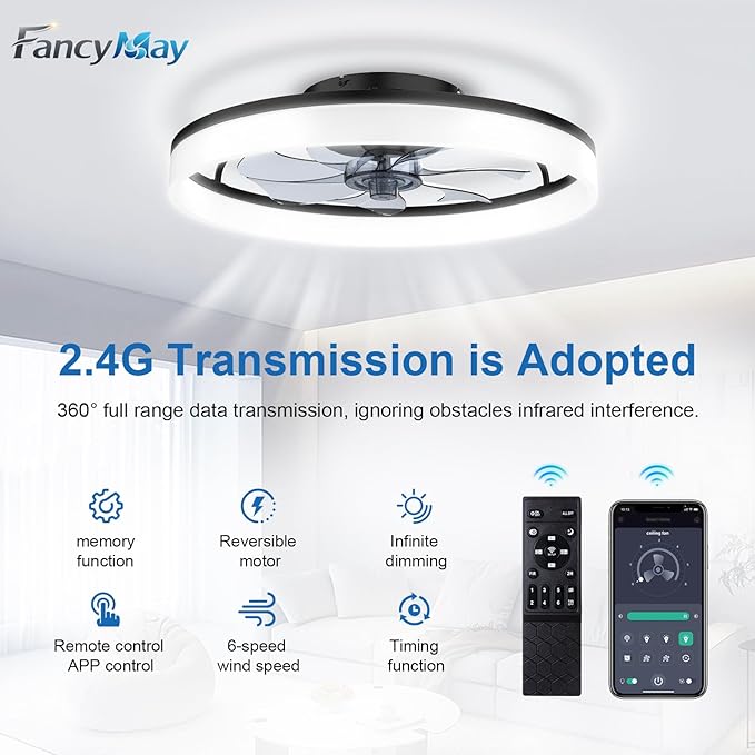 Ceiling Fans with Lights and Remote, 20" Modern Low Profile Ceiling Fan, 6-Speed Quiet Reversible Motor, Flush Mount LED Fan Light,Fandelier Ceiling Fans for Bedroom (Black)