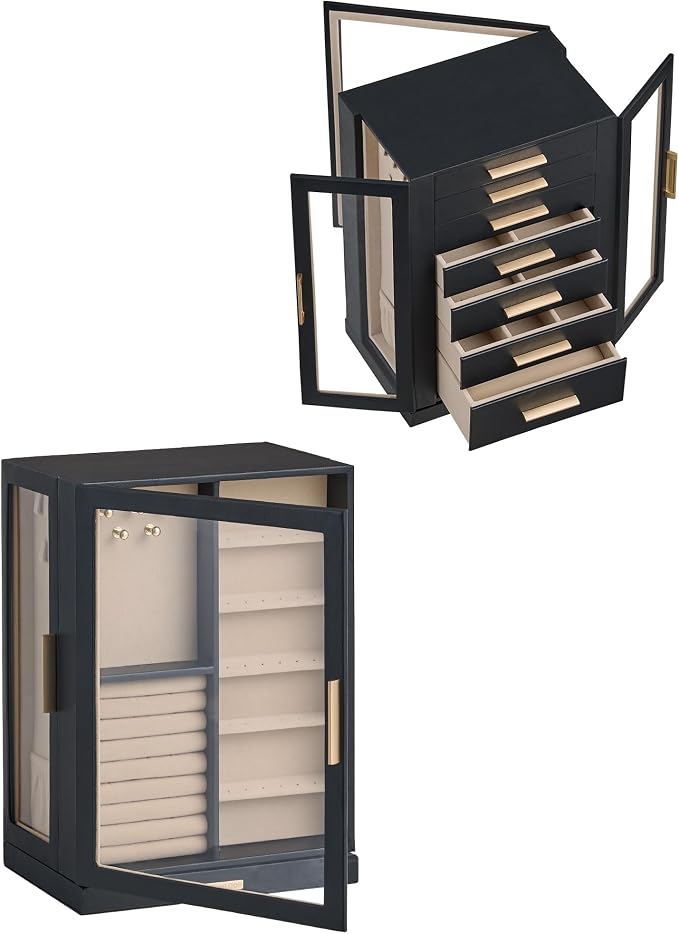 Glimmloop 360° Rotating Jewelry Box with 7 Drawers, Spacious Vertical Jewelry Organizer with Glass Window, Jewelry Storage Case, Dustproof & Moisture-resistant Design, Black