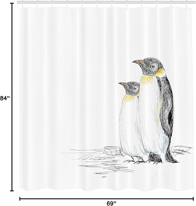 Ambesonne Sea Animals Shower Curtain, Hand Drawn Art Penguins Aquatic Flightless Birds Polar South Pole Wildlife, Cloth Fabric Bathroom Decor Set with Hooks, 69" W x 84" L, Charcoal White