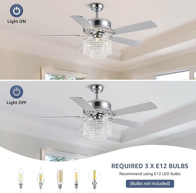 52 Inch Crystal Ceiling Fan with Light and Remote Control, Modern Chandelier Fan with 5 Reversible Wood Blades Chrome Fandelier for Living Room Bedroom (Fine line Crystal-Ceiling Fan)