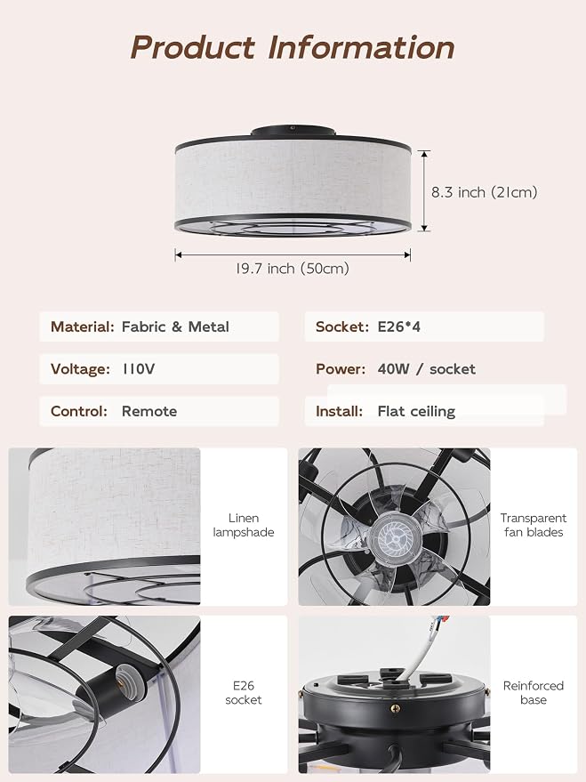 20" Black Low Profile Ceiling Fans with Lights, Boho Flush Mount Ceiling Fan with Light and Remote, Rattan with 6 Speeds for Bedroom, Nursery, Living Room