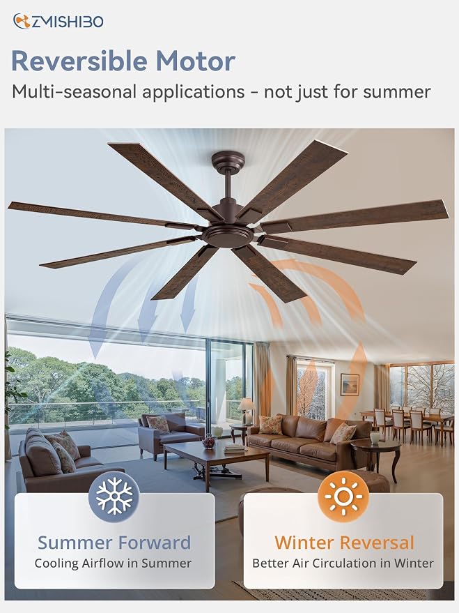 ZMISHIBO 72 Inch Ceiling Fan No Light with Remote Control, 8 Blades Quiet DC Reversible Motor, 6-Speed, Timer, Oil Rubbed Bronze Finish, Indoor Outdoor Ceiling Fans for Patios, Living Room, Garage