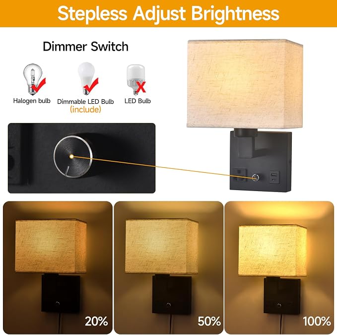 Bedside Wall Lamp for Bedroom, Plug in Wall Sconce - Dimmable Switch with AC Outlet & USB Charging Port, Fabric Shade, Black Wall Mounted Light for Living Room, Hotel (B8045-2Pack)