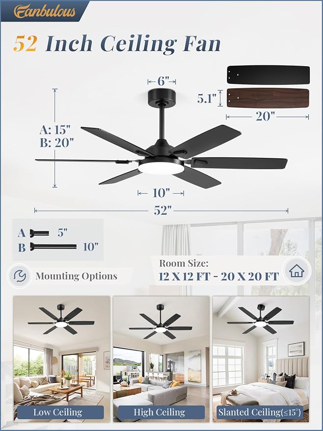 Fanbulous 52 Inch Ceiling Fans with Lights, Indoor/Outdoor Modern Ceiling Fan with Reversible Blade And 2 Rods, Quiet DC Motor, 3CCT & 6-Speed Remote Control, Dual Finish Blade for Living Room/Bedroom