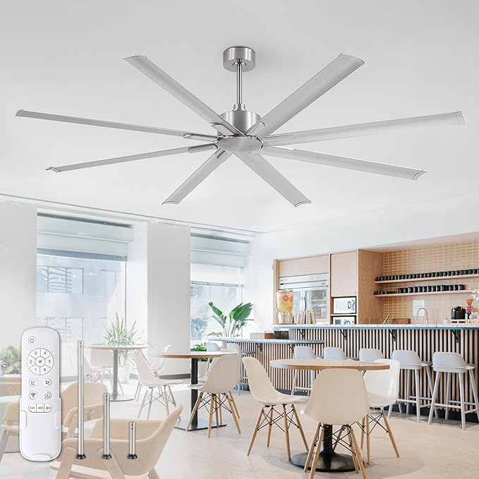 ZMISHIBO 84 Inch Ceiling Fans No Light, Large Industrial Ceiling Fan with 8 Aluminium Blades, Quiet DC Motor, 6 Speeds, Modern Ceiling Fan without Light for Garage/shop/living room,Nickel