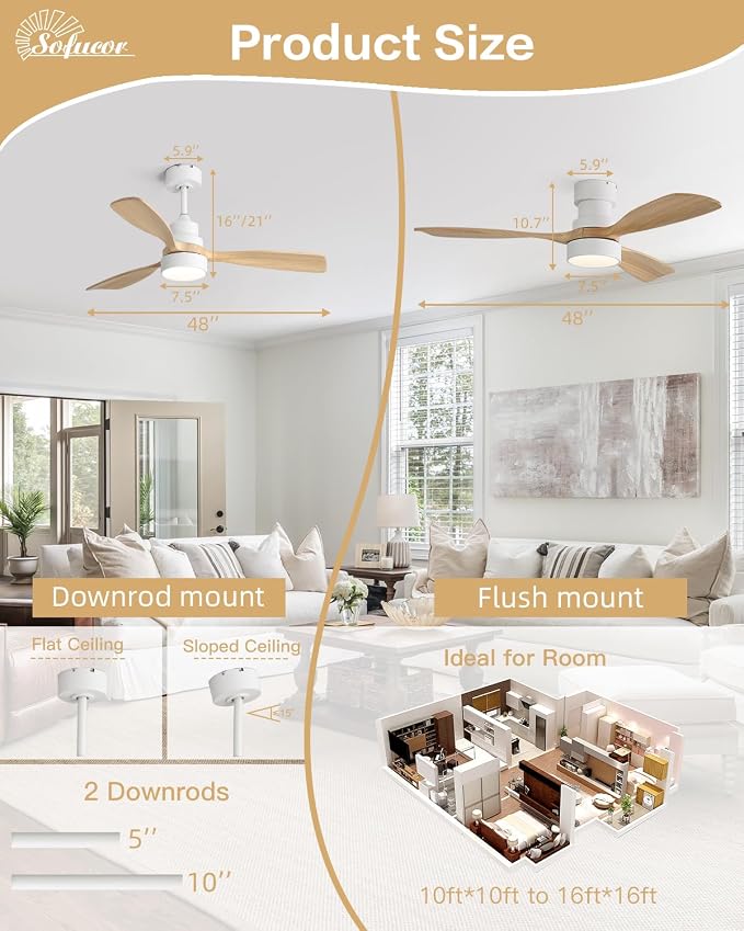 Sofucor 48 Inch Smart Ceiling Fans with Lights-Flush Mount & Downrod Mount Modern Outdoor Ceiling Fans with Alexa/Google Assistant/APP/Remote Control for Bedroom/Farmhouse/Patio, White & Natural Wood