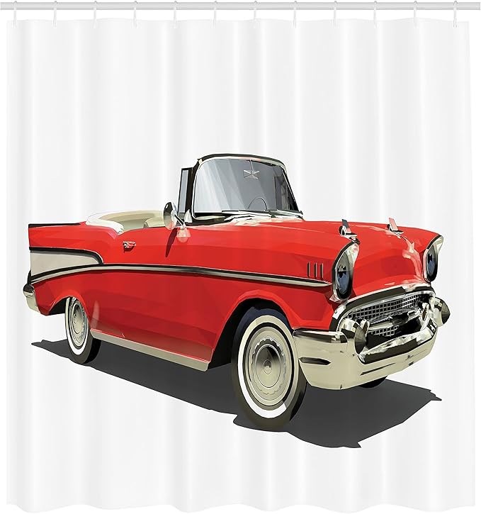 Ambesonne Cars Shower Curtain, Old-Fashioned Car with Open Roof Top Past Times Transportation Theme, Cloth Fabric Bathroom Decor Set with Hooks, 69" W x 70" L, Red Grey