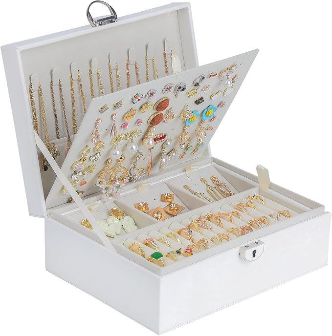 BOOVO Large Jewelry Boxes For Women(White, 4 layer) | 4 Layers Jewelry Organizer Box With Cosmetic Storage Drawer, Necklace Ring Jewelry Organizer Box
