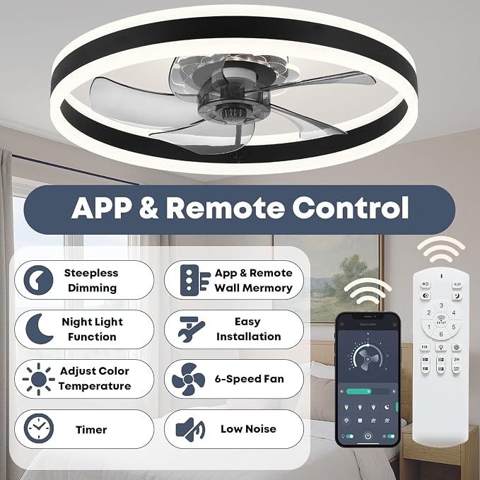 FSZDORJ 24'' Ceiling Fan with Light and Remote, Low Profile Ceiling Fan with Light, Dimmable Flush Mount Ceiling Fan Light, 6 Speeds Fan, App&Remote Control, Fandelier Quiet Fan for Bedroom F105 Black
