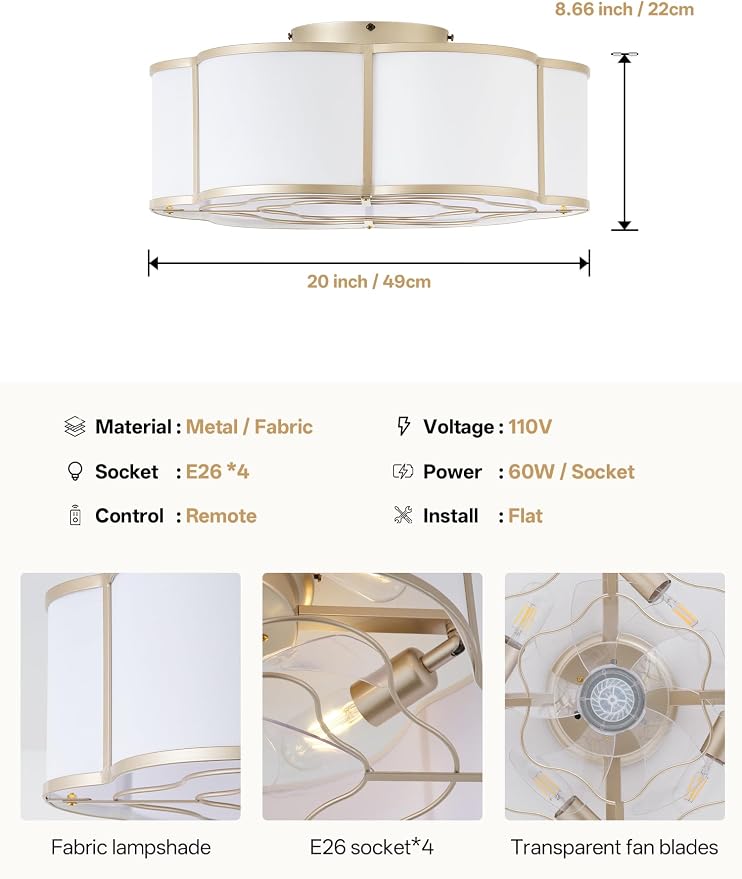 20" Boho Ceiling Fan with Lights Flush Mount, Gold Enclosed Ceiling Fans with Lights Remote Control, Caged with 6 Speeds for Bedroom, Living Room, Nursery