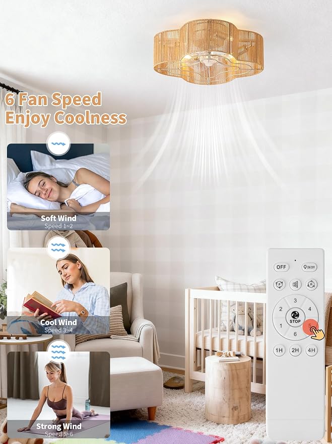 Boho Ceiling Fans with Lights, 20" Low Profile Ceiling Fan with Light Remote Control, Bladeless Flush Mount with 6 Speeds for Bedroom, Nursery, Living Room.