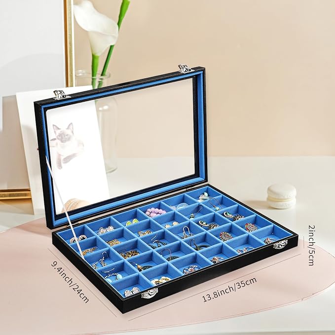 Stratalife 30 Grid Earring Organizer, Jewelry Holder Organizer with Lid | PU Leather Storage Box for Earring, Ring, Studs and Trinkets, Soft Velvet Drawer Organizer for Women, Dustproof, Blue Black