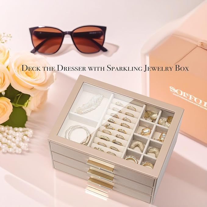 VLANDO 3-Drawer Jewelry Box with Glass Lid, Faux Leather Organizer for Rings Earrings Necklaces and More, Gift-Ready Jewelry Case for Women Girls or Moms, Latte