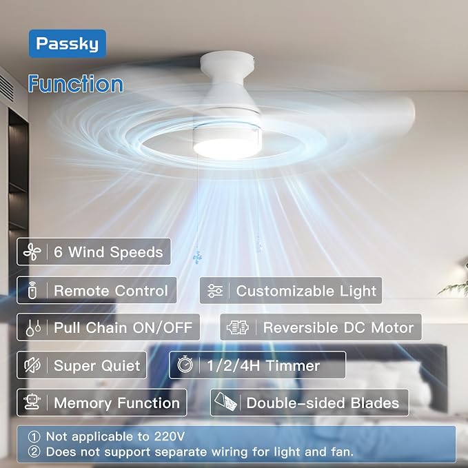 Passky Ceiling Fans with Lights, 42 inch Low Profile Ceiling Fan with Pull Chain and Remote Control, Flush Mount, Reversible, 5CCT, Dimmable, Noiseless, White Pull Cord Ceiling Fan for Bedroom
