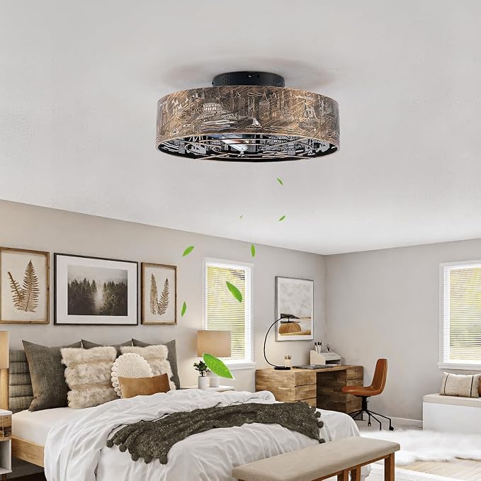 Caged Ceiling Fans with Lights Flush Mount,Low Profile Ceiling Fan with Remote,20 Inch Farmhouse Bronze Fan for Bedroom,6 Speeds Reversible Enclosed Fandalier Ceiling Fan with Bulb