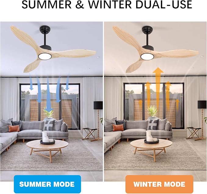 52 inch Ceiling Fans with Lights and Remote, 3 Natural Wood Blades, Modern Indoor/Outdoor Ceiling Fan for Living Room Bedroom Farmhouse Patio, 6 Speeds, Dimmable, Noiseless Reversible DC Motor