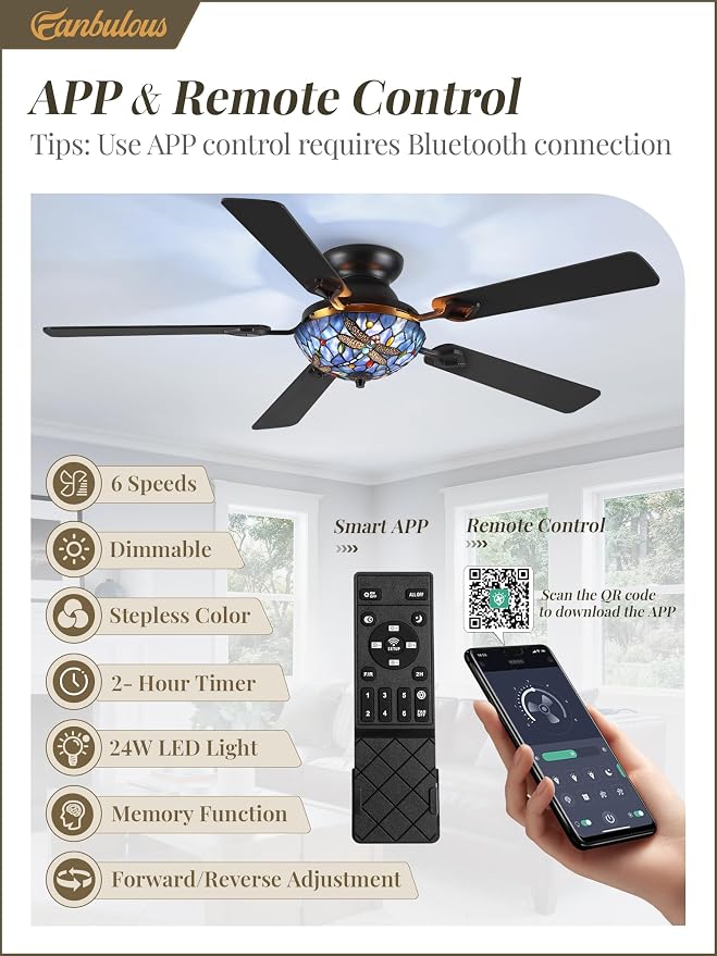 Fanbulous 52 Inch Stepless Dimmable LED Tiffany Dragonfly Ceiling Fan