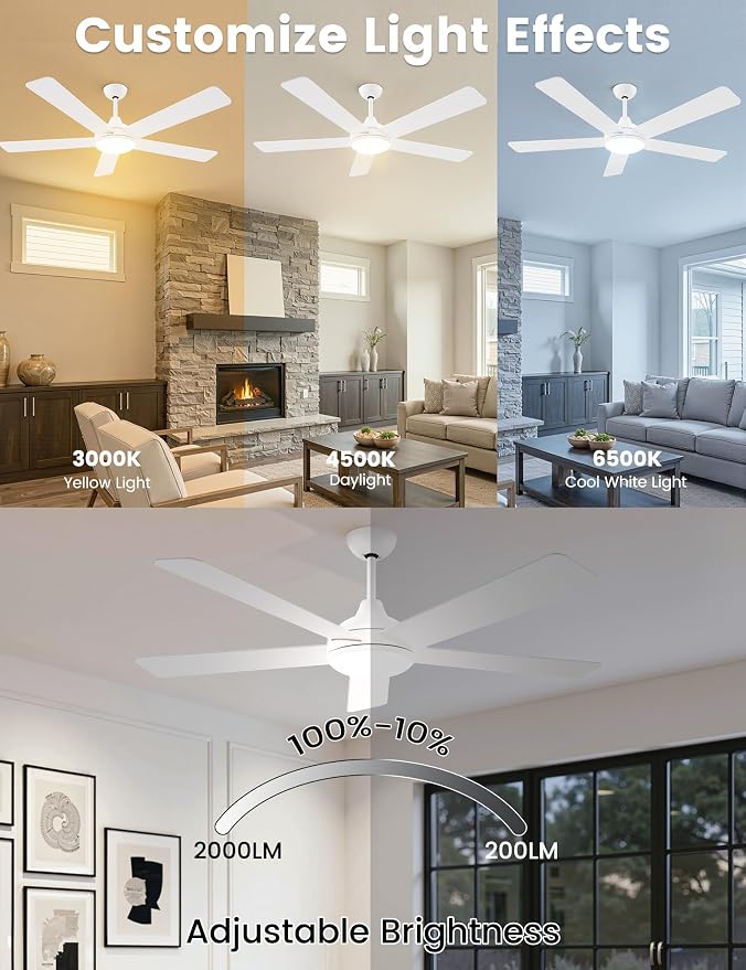 60 Inch Ceiling Fans with Lights and Remote/App Control: White Ceiling Fan with Light, Quiet Reversible DC Motor, Dimmable Tri-Color LED, Modern Ceiling Fan for Bedroom/Patio, Indoor/Outdoor