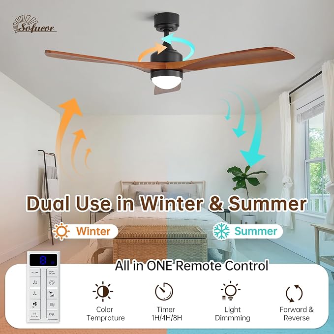 Sofucor 52" Smart Wood Ceiling Fans Lights, Flush Mount & Downrod Mount, 3 Wood Blades Modern Outdoor Ceiling Fans with Alexa/Google Assistant/APP/Remote Control for Bedroom, Farmhouse, Patio, Indoor