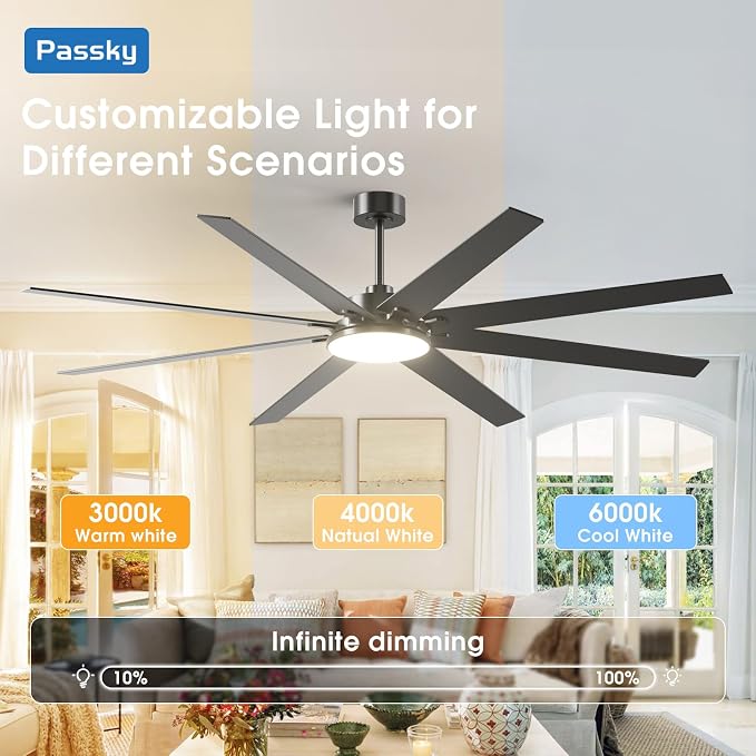 80 inch Ceiling Fans with Lights, Large Modern Ceiling Fan with Light and Remote Control, Reversible, 3CCT, Dimmable, Quiet, Black Ceiling fan For Bedroom, Living Room, Patio Farmhouse, Indoor/Outdoor