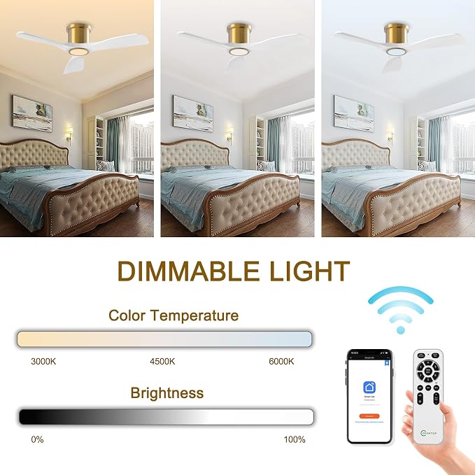 OFANTOP 52 Inch White Gold Flush Mount Smart Ceiling Fan with Light Remote | Whisper-Quiet & Powerful Airflow, 3-Color Dimmable LED with Memory, Reversible Motor, Timer, for Bedroom Living Room