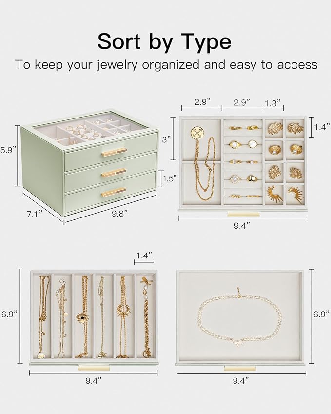 VLANDO Jewelry Box for Women, Glass Lid Jewelry Organizer with 3 Drawers for Necklaces Rings Earrings Bracelets - Sage Green