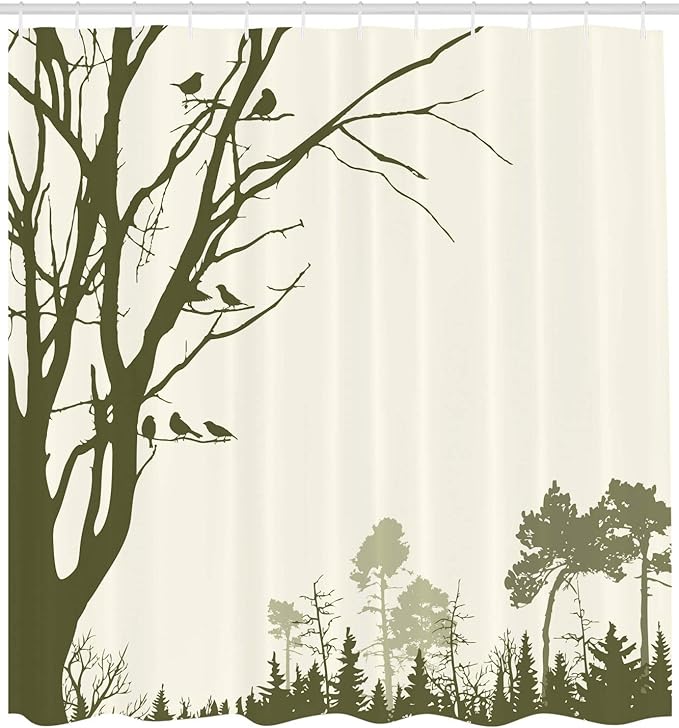 Ambesonne Forest Shower Curtain, Nature Themed Panorama of a Woodland View Pattern Birds on Tree Branches Silhouette Graphic Print, Fabric Bathroom Decor Set with Hooks, 69" W x 75" L, Olive Green