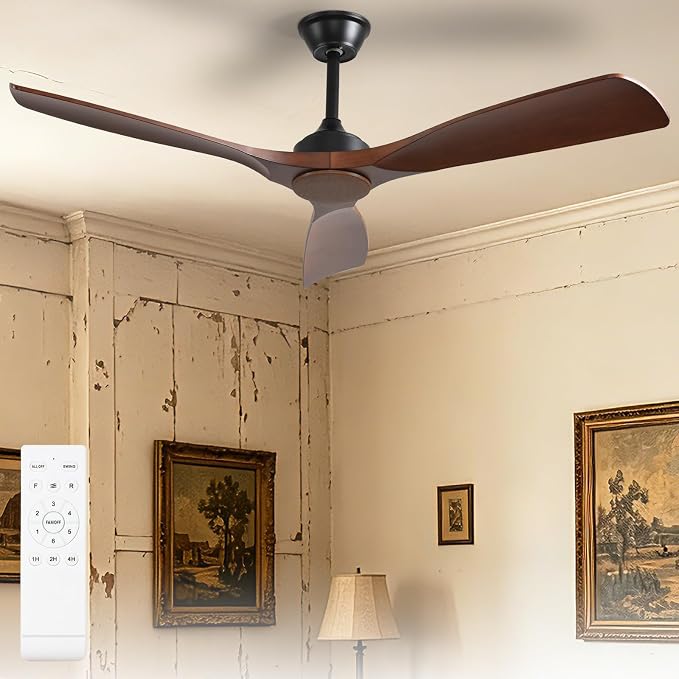 Ceiling Fan Without Light: 52 Inch Outdoor Fan for Patios - Walnut Ceiling Fan No Light Indoor - Modern 3 Blade Fan with Remote APP Control Reversible 6 Speed DC Motor