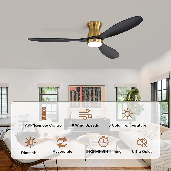 52 Inch Black Ceiling Fan with Light and Remote & APP Control, 3 Wooden Blades, 6 Wind Speeds, Quiet DC Motor, Indoor Low Profile Ceiling Fan for Bedroom Living Room Farmhouse Patio
