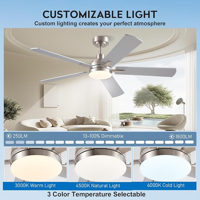 JSAITEE Ceiling Fans with Lights, 52 Inch Low Profile Modern Fan with Light and Remote Control, DC Reversible Motor, Noiseless,3CCT,Dimmable, Nickel 6 Speeds Fan Light for Bedroom Living room