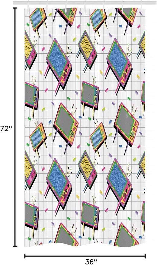 Ambesonne Vintage Stall Shower Curtain, Funny Retro Modern 80s Memphis Neon Color TV Background Cartoon Style Design, Fabric Bathroom Decor Set with Hooks, 36" W x 72" L, Grey Aqua