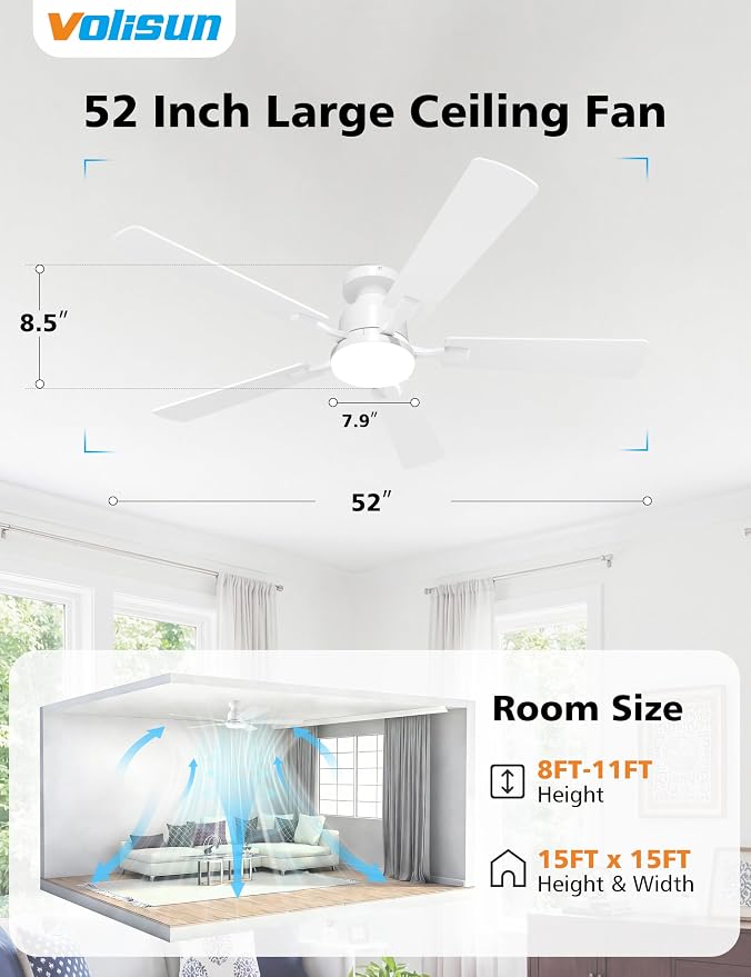 VOLISUN 52 Inch Ceiling Fan with Lights Flush Mount, Low Profile Ceiling Fans with Lights, Remote&APP Control,Dimmable 22W LED Light,Queit&Reversible Fan, White Ceilings Fans for Bedroom, Living Room