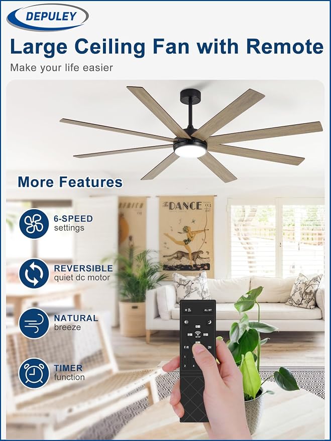Depuley 72" Ceiling Fans with Lights: Large Indoor/Outdoor Ceiling Fan for Patios Living Room - 8 Blades Wooden Dimmable Ceiling Fans with Remote APP Control Timer Reversible Quiet DC Motor 6 Speeds